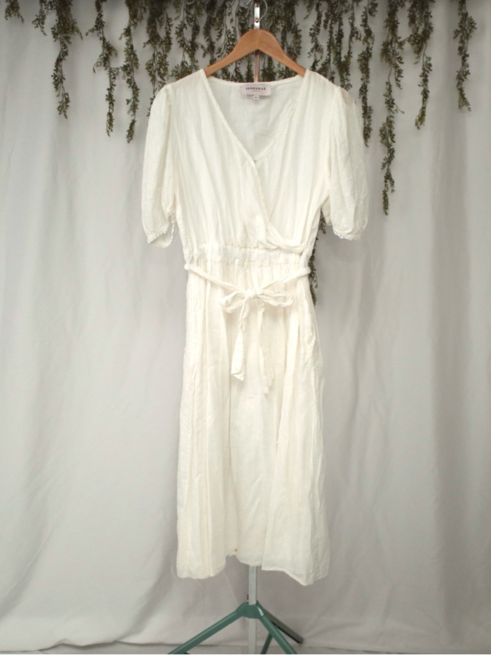 JessaKae XL Cotton White Faux Wrap Midi Dress with Elastic & Tie Waist - Picture 9 of 9